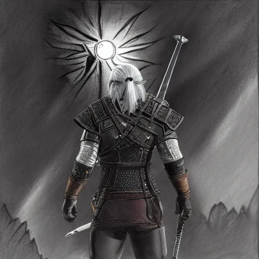 Prompt: the witcher standing at the edge of a cliff with his sword pointing up to the sun, pencil drawing
