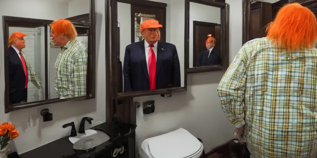 Image similar to ultra wide angle photo of donald trump dressed in a green flannel shirt and black dress pants as clark kent looking at himself in a bathroom mirror and seeing his reflection dressed as an orange skinned oompa loompa