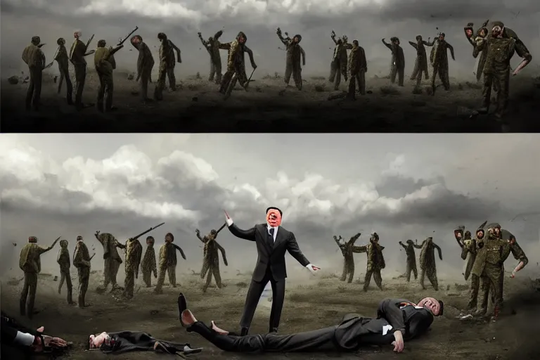 Image similar to one Comedian in suit and tie performing in a battle-field with dead bodies on the ground, comedian is funny, performing to dead soldiers, nuclear bomb in far horizon, apocalypse, trending on artstation, artstationHD, hyperdetailed matte painting, highly detailed, digital painting, hyper-realistic, realistic, photo-realistic