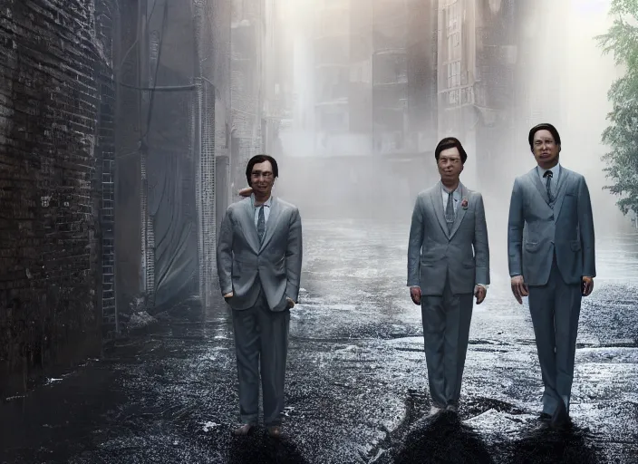 Image similar to a very high resolution image from a new movie, two deer wearing suits, in a narrow chinese alley, surrounded by water vapor, beatiful backgrounds, dramatic lighting, directed by wes anderson