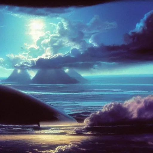 Image similar to beautiful matte painting of a dreamy ocean with clouds, sci - fi, daylight, blue sky, cinematic lighting, cinematic perspective, syd mead, john harris,