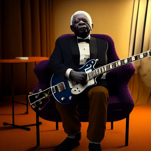 Image similar to b. b king, sitting in a fluffy chair, with very highly detailed face, playing an very highly detailed electric semi - hollow guitar. photorealistic octane render, unreal engine 5, trending on artstation, 4 k, 8 k, uhd, beautiful, dramatic by steve mccurry