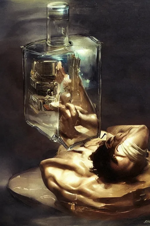 Image similar to a ship in a bottle but instead of a ship it is jack nicholson in the bottle, painting by caravaggio, ruan jia, jakub rebelka, artgerm, greg rutkowski, edgar maxence