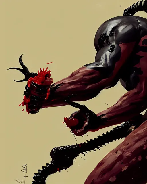 Image similar to highly detailed closeup portrait of a mutated venom symbiote in deadpool suit with a fierce expression, wielding his katana, by atey ghailan, by greg rutkowski, by greg tocchini, by james gilleard, by joe fenton, by kaethe butcher, red, black, crimson and grey color scheme