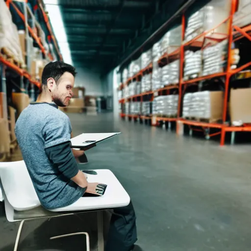 Prompt: a close up man using a laptop inside in warehouse, he sitting on chair and small table, polaroid photo, view from back