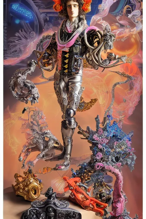 Image similar to full-body rococo and cyberpunk style sculpture of a young handsome Spanish prince half android with a chest exposing a glowing orange gem wearing high heel red boots, glowing pink laser eyes, crown of blue gears and giant diamonds, swirling salmon-colored silk fabric, robotic raptors dinosaurs. baroque elements. full-length view. intricate artwork by caravaggio. Trending on artstation, octane render, cinematic lighting from the right, hyper realism, octane render, 8k, depth of field, 3D