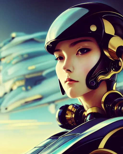 Image similar to beautiful delicate imaginative streamlined mecha anime elegant futuristic close up portrait of a pilot female sitting with magnificent piercing deadly looks, armor with gold linings by ruan jia, tom bagshaw, alphonse mucha, futuristic buildings in the background, epic sky, vray render, hyper realistic, artstation, deviantart, pinterest, 5 0 0 px models