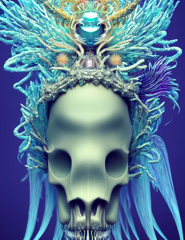 Prompt: render of goddess macro close - up portrait with crown made of phoenix ram skull. betta fish, jellyfish phoenix, bioluminiscent, plasma, ice, water, wind, creature, super intricate ornaments artwork by tooth wu and wlop and beeple and greg rutkowski