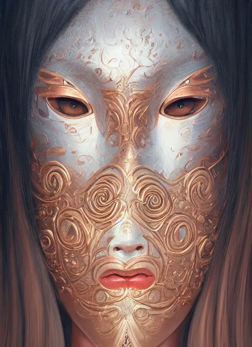 Image similar to a beautiful detailed oil on copper art illustration of a japanese obeshimi mask woman, centered, by charlie bowater, zeng fanzh, trending on artstation, dim dusk lighting, cinematic lighting, detailed lighting, volumetric lighting, realistic, f 8, 4 k hd wallpaper