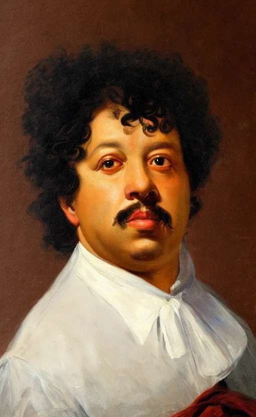 Image similar to Portrait of Alexandre Dumas, oil on canvas, highly detailed, by Delacroix, 8k