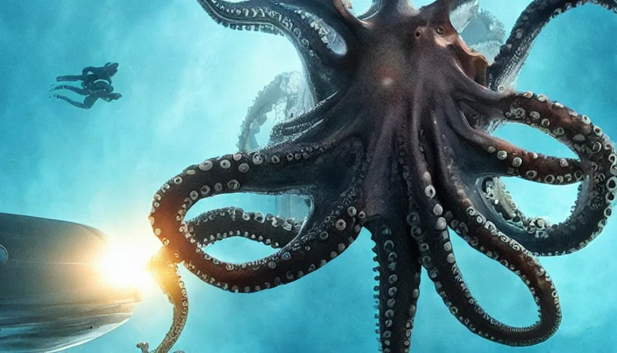 Image similar to James Cameron movie about an octopus attacking a nuclear submarine