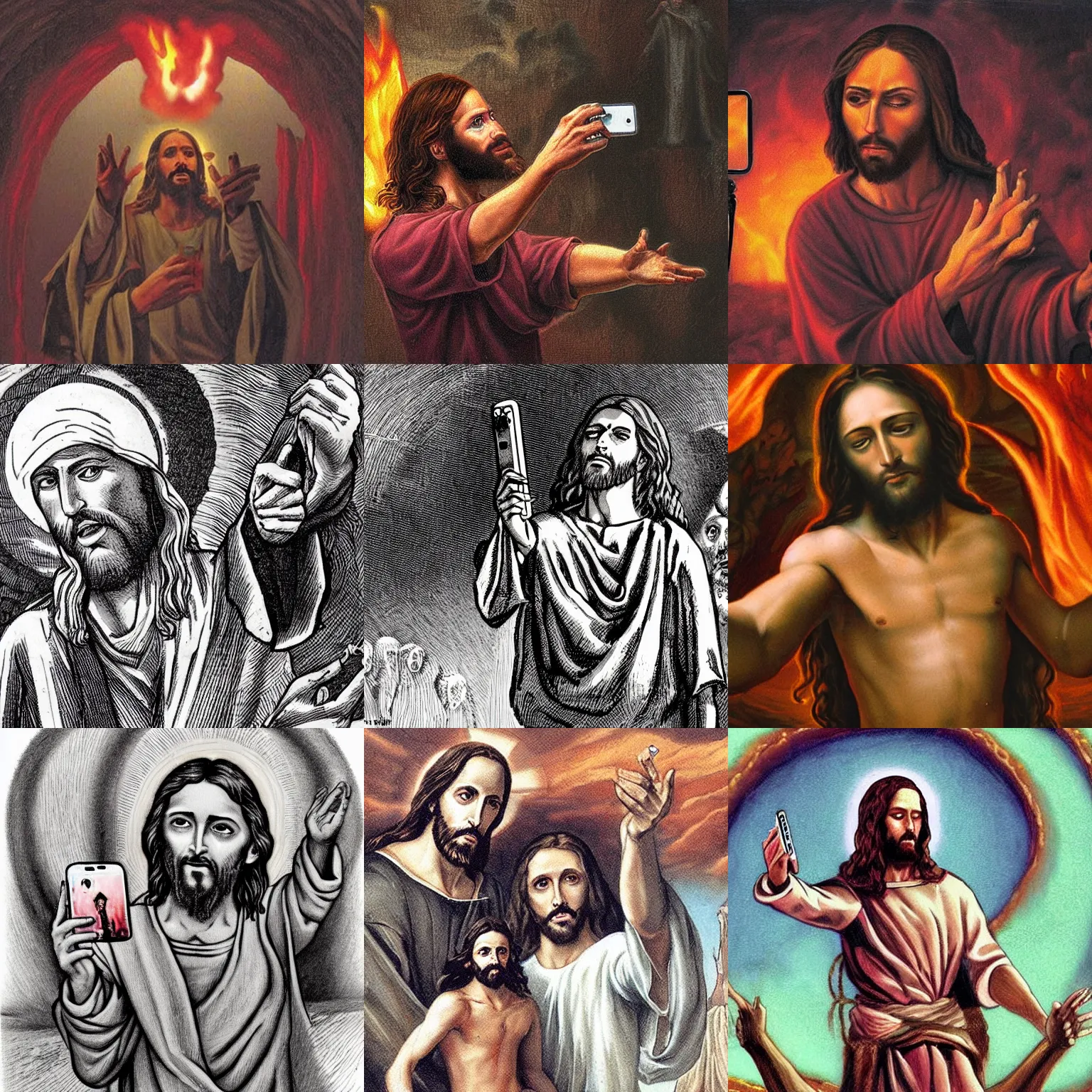 Prompt: jesus takes a selfie in hell, horror art
