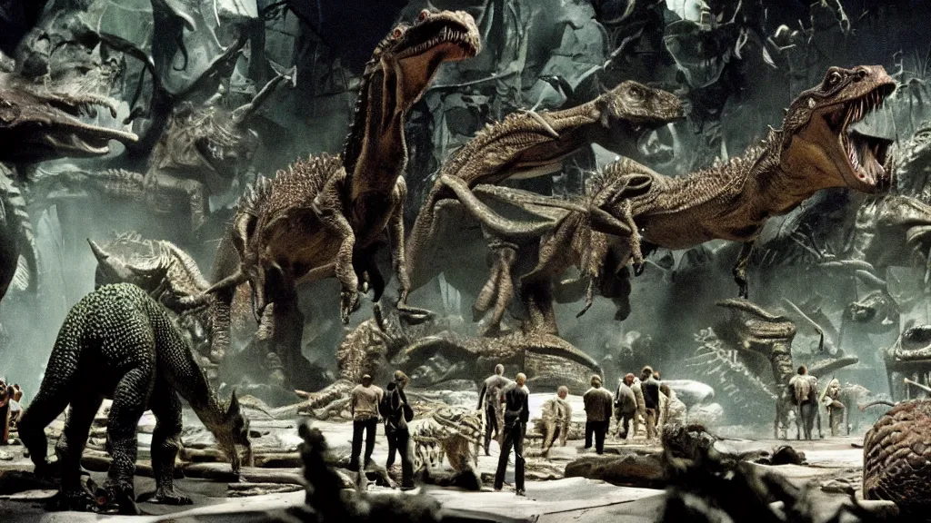 Image similar to movie scene of a group of draconian humanoid walking around the dinosaurs, reptil, reptilian, movie still, cinematic composition, cinematic light, criterion collection, reimagined by industrial light and magic, Movie by David Lynch and Ridley Scott