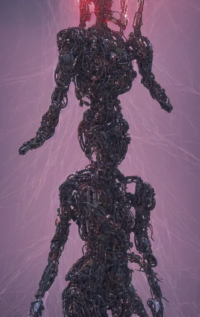 Image similar to award winning portrait of a crucified gargantuan female biomorphic cyborg goddess queen in the style of death stranding, neon genesis evangelion, with intricate energy core connecting to a futuristic downtown city, mightnight by artgerm, jean moebius giraud, yoshitaka amano, beeple, greg rutkowski. octane render.