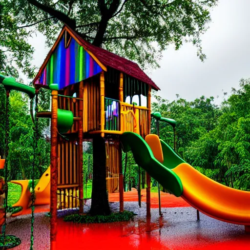 Image similar to : jungle forest multicolor playground with a tree house after it rained early in the morning rainbowin the sky,