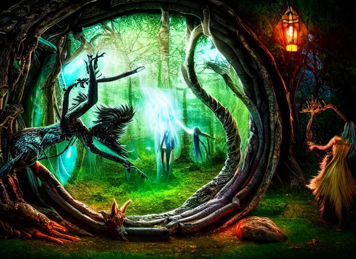 Image similar to photo of a portal to a different world with magical creatures in it, in the forest. Fantasy magic style. Highly detailed 8k. Intricate. Nikon d850 55mm. Award winning photography.