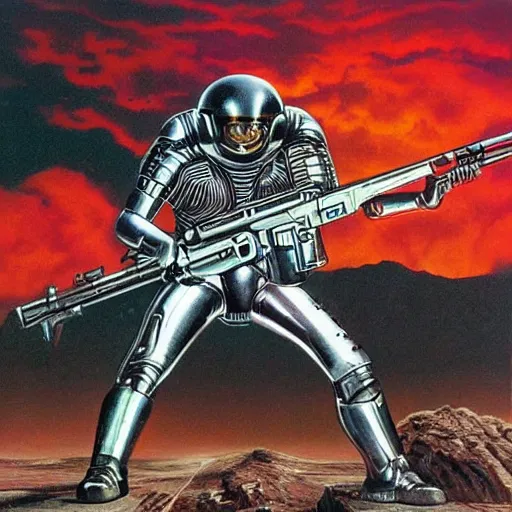 Image similar to 1 9 8 0's heavy metal album art, a shiny reflective detailed chrome android firing a giant rifle - style blaster rifle designed by ridley scott inside an alien spaceship