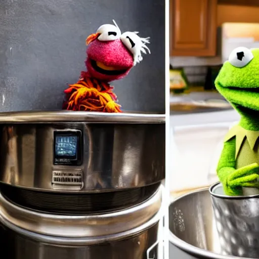 Prompt: a muppet inside a metal pot on a stove, next to an italian chef cooking