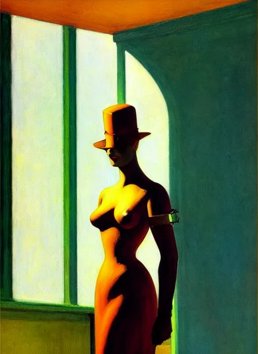 Prompt: image of beautyful female android steampunk by edward hopper,