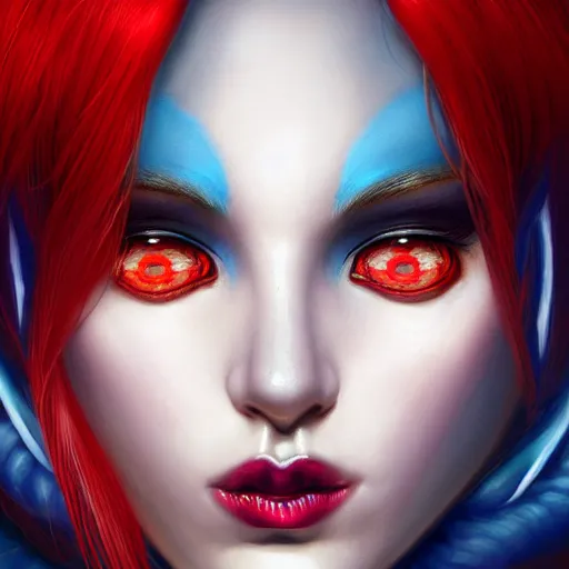 Prompt: perfectly - centered close - up face - portrait of a goddess with glowing red eyes and long blue hair and horns on her head, the perfect human female specimen, intricate, elegant, super highly detailed, professional digital painting, artstation, concept art, smooth, sharp focus, no blur, no dof, extreme illustration, unreal engine 5, 8 k, by anne stokes