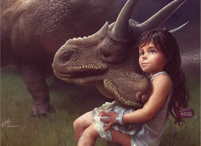 Image similar to a cute little girl with wavy curly brown hair meets a triceratops. beautiful painting by artgerm and greg rutkowski