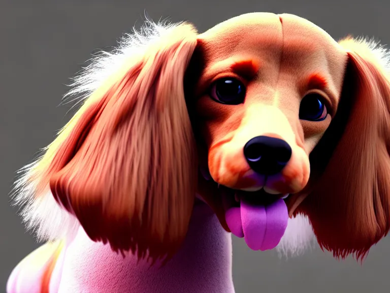 Prompt: high quality 3 d render hyperrealist very cute fluffy dachshund dog, plush mascot, long spiky fluffy smooth hair, photo from the side, multi pastel colors, vray, smooth background, artstation, ultra detailed