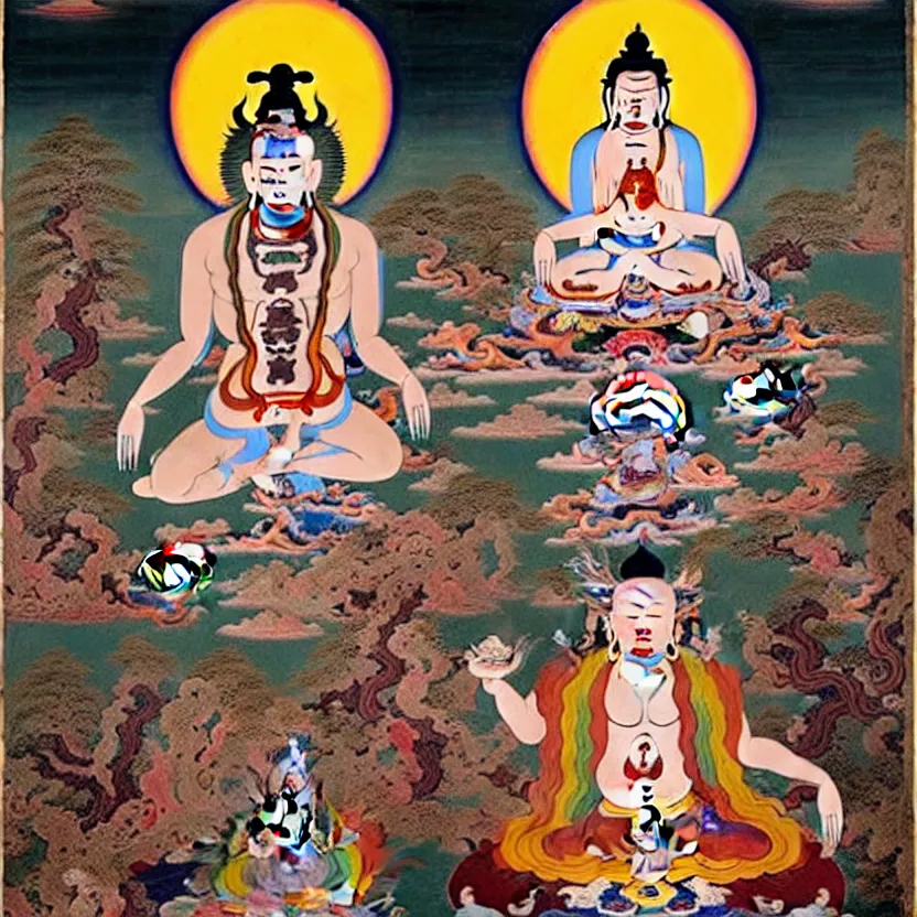 Image similar to a sacred painting of a beautiful flesh - eating timikawa with rainbow fur eating a screaming man, sitting on chair made of human limbs, the chair is floating in a lake of blood, surrounding the lake are melting trees, tibetan thangka, nightmare scene, supernatural, highly detailed, creepy, terrifying