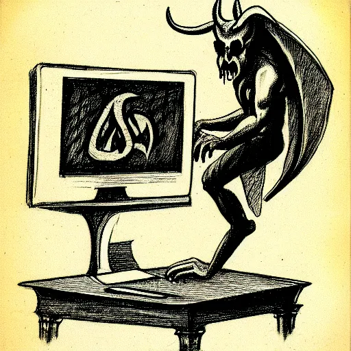 Prompt: a devilish spirits emerging from a desktop computer, renaissance era sketch, satanic, ritual