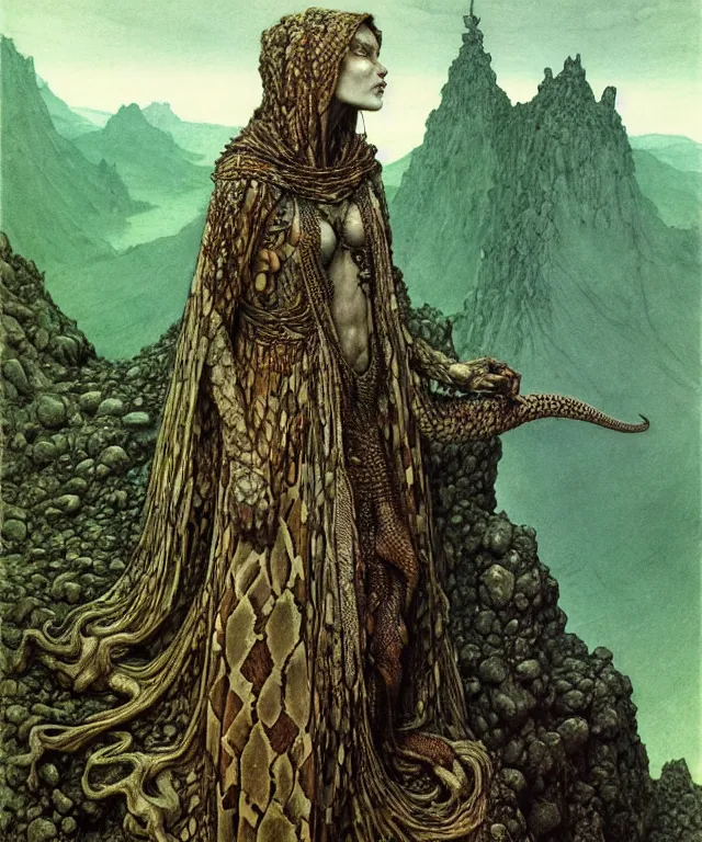 Image similar to A detailed snakewoman stands among the hills. Wearing a ripped mantle, robe. Extremely high details, realistic, fantasy art, solo, masterpiece, art by Zdzisław Beksiński, Arthur Rackham, Dariusz Zawadzki