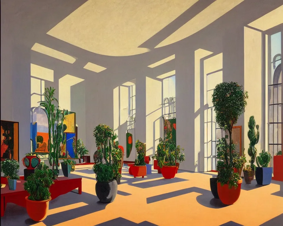 Prompt: an achingly beautiful print of the interior of a modern art museum with vibrant paintings on the walls, classical antiquities on display, and small potted plants by Raphael, Hopper, and Rene Magritte. detailed, romantic, enchanting, trending on artstation.