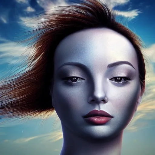 Prompt: a woman's head with clouds in the background, an airbrush painting by igor morski, behance contest winner, fantasy art, daz 3 d, behance hd, airbrush art