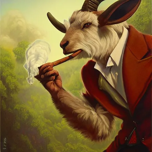 Image similar to commissioned artwork of a furry anthro goat smoking a cigar, three piece suit, painted todd lockwood, jeff easley, greg rutkowski, james gurney, artgerm, digital art, trending on artstation, award - winning, vivid, detailed