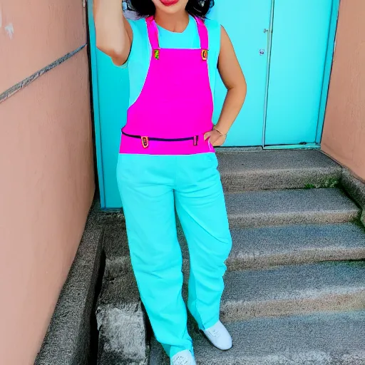 Prompt: a photo of a woman in cyan and pink overalls