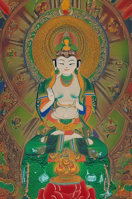 Image similar to A very Beautiful Green Tara Thangka, a geometric figure representing the universe in tibet and Buddhist symbolism, Shine in of the Mandala background by H. R. Giger,portrait,ཐང་ཀ་,ཛཾ་བྷ་ལ།,symmetrical, 8k resolution, photorealistic, high detail ,Unreal Engine, Trending on artbreeder. Green color scheme