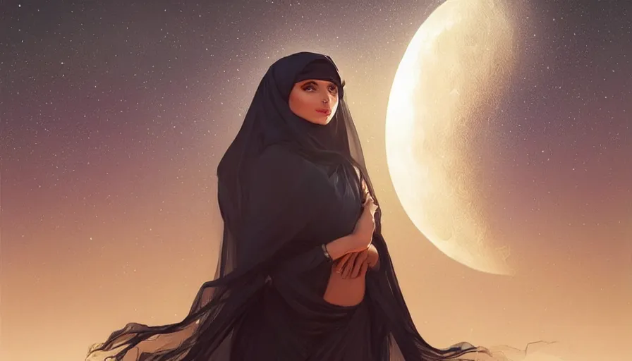 Image similar to Portrait of very very very very very very beautiful Arab woman wearing a Niqab, under giant full moon in the desert, intricate, glowing magical eyes, energy trails, elegant, highly detailed, digital painting, artstation, concept art, smooth, sharp focus, illustration, art by artgerm and greg rutkowski and alphonse mucha