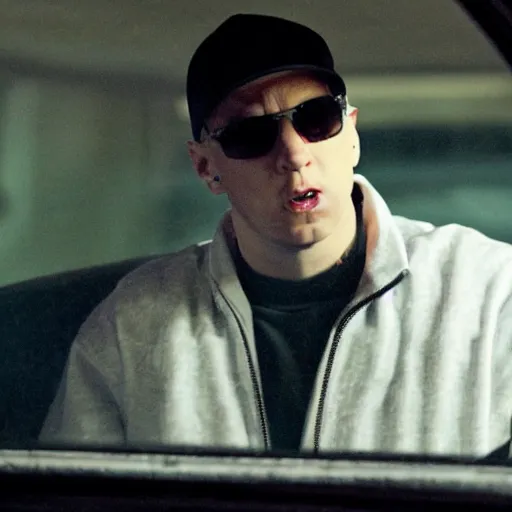 Prompt: Eminem in Drive (2011), dramatic, stormy night, film still