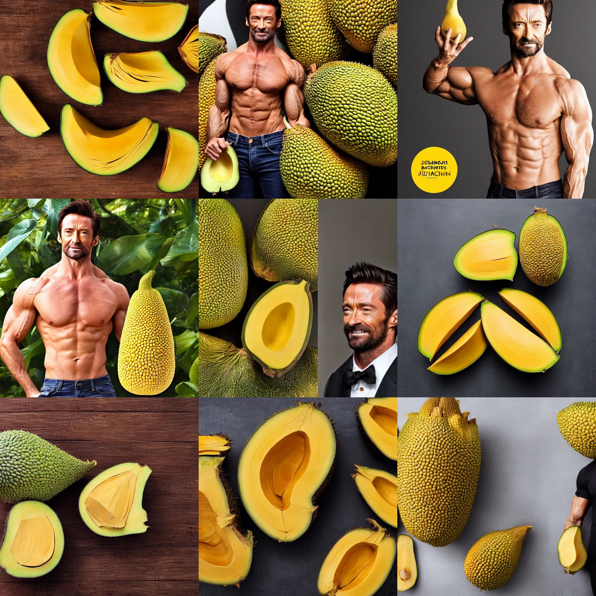 Prompt: body made of jackfruit made of hugh jackman, jackfruit body, high detail photo