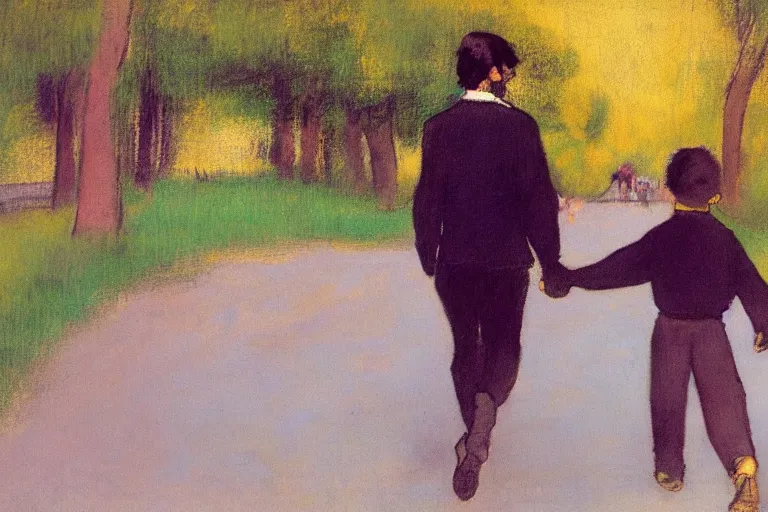 Image similar to a man with dark hair holding the hands of a young boy with dark hair as they walk down a suburban highway on a bright beautiful colorful day. in the style of an edgar degas painting.