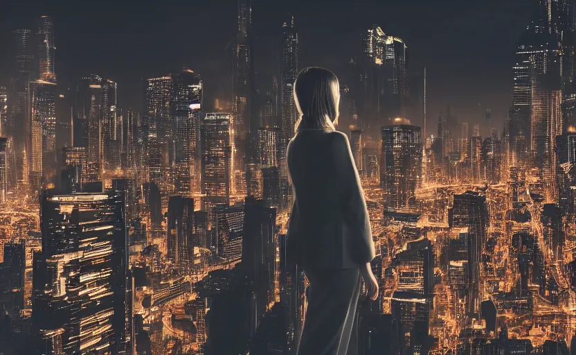 Image similar to a wide shot of a woman with a wool suit, wearing an omega speedmaster on her wrist in a dystopian city at night with cyberpunk lights