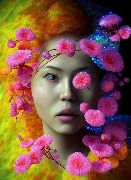 Prompt: hyper detailed 3d render like a Oil painting - kawaii portrait Aurora (Singer black bird) seen Eating of the Strangling network of yellowcake aerochrome and milky Fruit and Her delicate Hands hold of gossamer polyp blossoms bring iridescent fungal flowers whose spores black the foolish stars by Jacek Yerka, Mariusz Lewandowski, Houdini algorithmic generative render, Abstract brush strokes, Masterpiece, Edward Hopper and James Gilleard, Zdzislaw Beksinski, Mark Ryden, Wolfgang Lettl, hints of Yayoi Kasuma, octane render, 8k