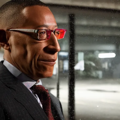 Prompt: realistic photo of gus fring in a shootout with mike, low lighting, nighttime, distance shot, raining, reflections, muzzle flashes