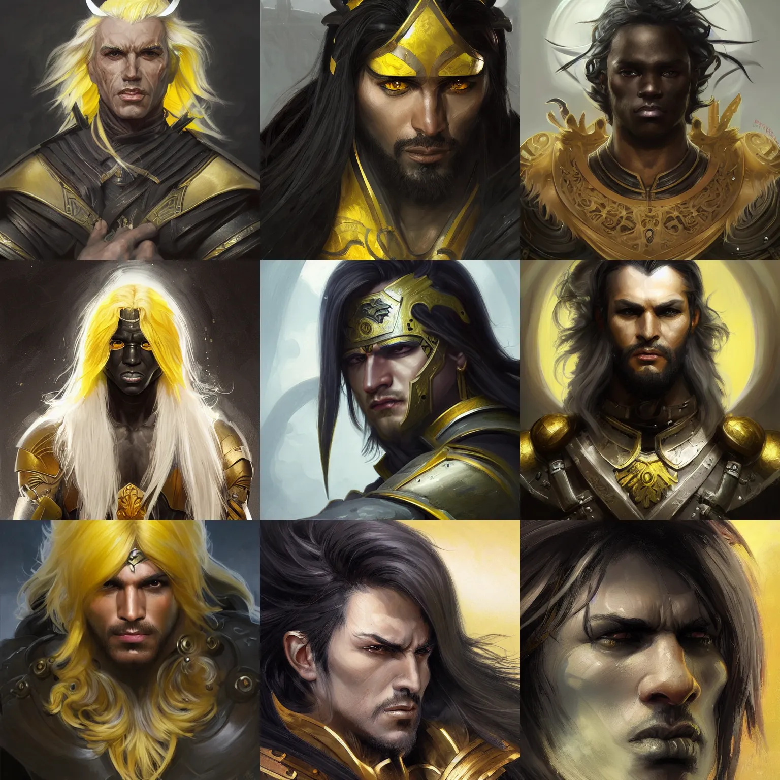 Prompt: male warrior, onyx black skin, headshot, long white hair, yellow eyes, fantasy, D&D, painted character portrait, highly detailed, digital painting, artstation, concept art, sharp focus, illustration, art by artgerm and greg rutkowski and alphonse mucha