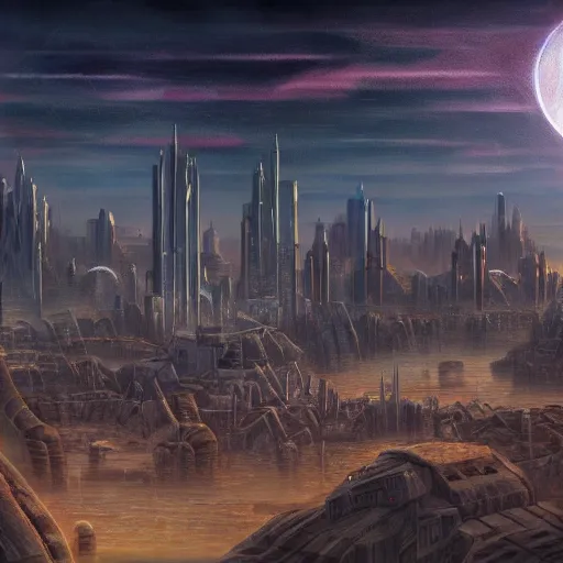 Image similar to matte painting of a sprawling city on the surface of bajor, by syd dutton