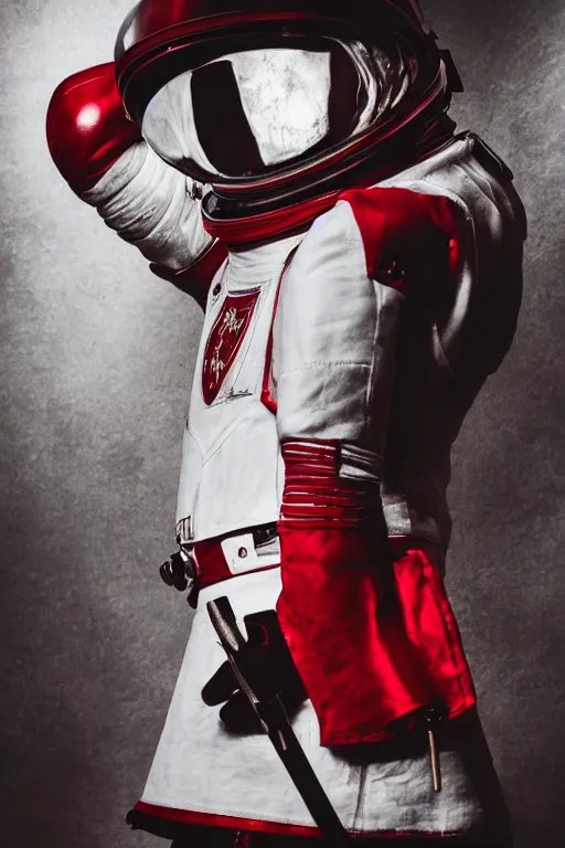 Image similar to photography of red and white space suits designed for knights templar by rick owens, with the knights templar cross logo, golden linings, heroic posing, photo shoot, by annie leibovitz, sigma 85mm 1.4, glows, sharp, high contrast