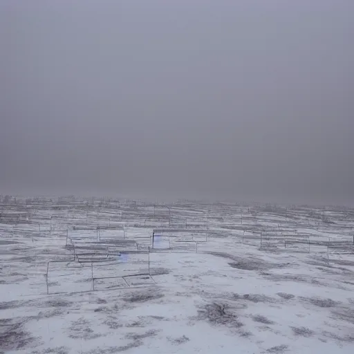 Image similar to three stacked rectangle panels. each one slowly moving through the haze at ground level, until the town of barrow is revealed. in this first panel, we are staring at a wasteland in the near distance. it's daylight but all we are looking at is a frozen tundra. anything beyond the first few feet is covered by a thin sheet of blowing snow and ice.