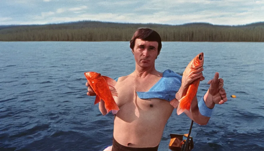 Prompt: 7 0 s movie still of putin in speedo, proudly holding a salmon on a fishing trip in siberia. cinestill 8 0 0 t _ 3 5 mm eastmancolor, heavy grain, high quality, high detail