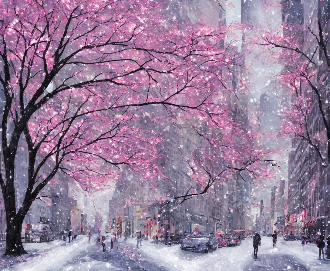 Image similar to anime painting of downtown new york city, sakura trees, cherry blossom petals, light snow