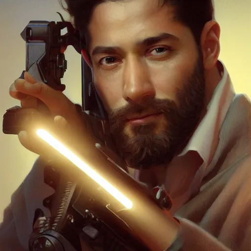 Image similar to a photorealistic portrait of stephane bern holding a gun cinematic lighting, photorealistic, octane render, 8 k, depth of field, 3 d, art by artgerm and greg rutkowski and alphonse mucha and uang guangjian and gil elvgren and sachin ten