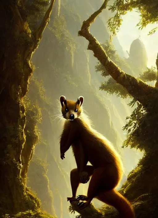 Prompt: a beautiful scene from a 2 0 2 2 fantasy film featuring a humanoid pine marten with golden eyes wearing a loose tunic. an anthropomorphic mustelid with gold eyes. joseph ducreux, greg rutkowski.