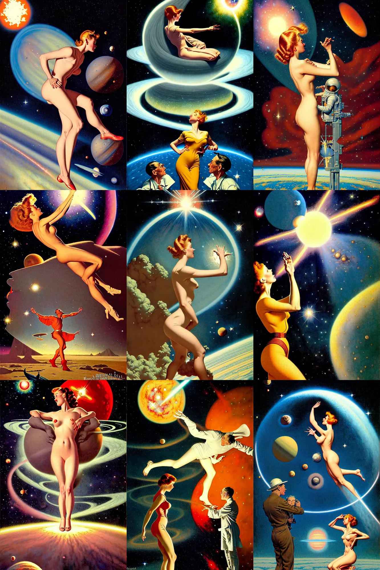 Prompt: the birth of a star by gil elvgren and norman rockwell and rob gonsalves and david mattingly and christopher balaskas and john harris and virgil finlay and dean ellis and jack gaughan and earle kulp bergey, hyperrealistic, high detail, ultra detailed, space, nebula, sharp focus, stellar formation